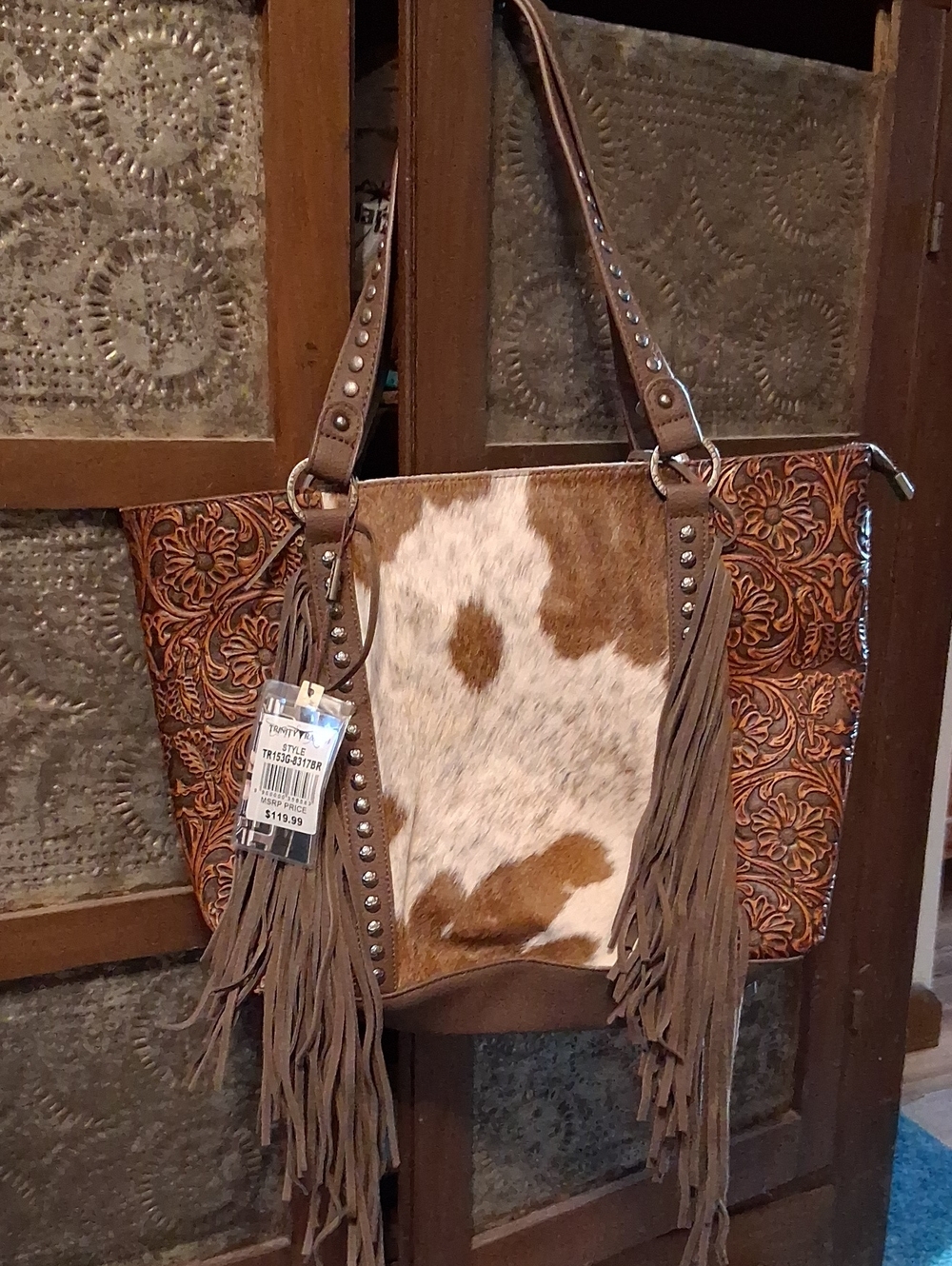 Fringed Cowhide and Embossed Leather Tote in Brown and White